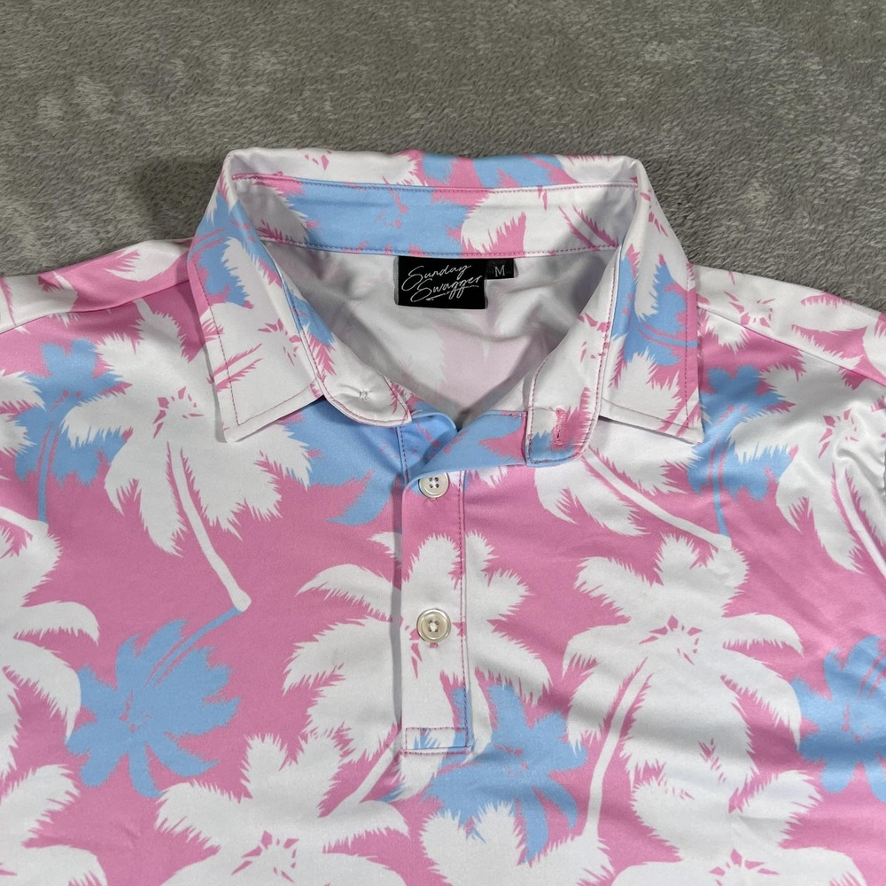Sunday Swagger Polo Shirt Mens Medium Pink Blue‎ White Palm Tree Golf Stretch